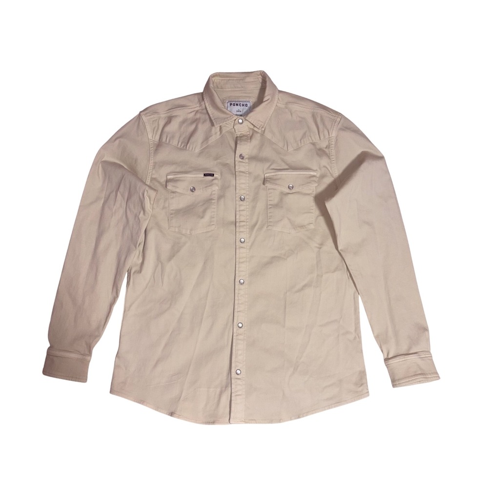 PONCHO The Big Bend Shirt Mens L Cream Western Pearl Snap Slim Fit Long Sleeve